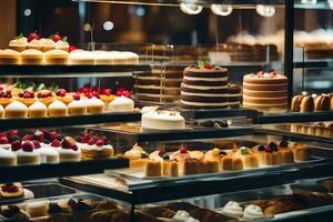 viele anders Typen von Kuchen sind auf Anzeige im ein Bäckerei. KI-generiert foto