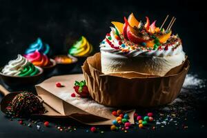 ein Kuchen mit bunt Sträusel und ausgepeitscht Creme. KI-generiert foto