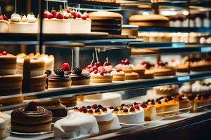 viele anders Typen von Kuchen sind auf Anzeige im ein Bäckerei. KI-generiert foto