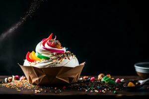 ein Cupcake mit bunt Sträusel und ein Löffel. KI-generiert foto