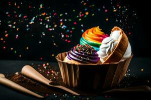 ein Cupcake mit Regenbogen Sträusel und Schokolade auf ein schwarz Hintergrund. KI-generiert foto