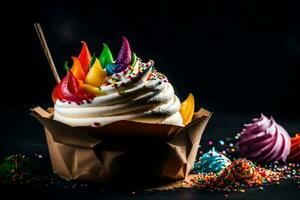 ein Cupcake mit Regenbogen Sträusel und ein hölzern Stock. KI-generiert foto