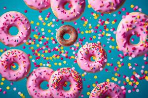 Donuts fallen von das Himmel, mit Sträusel und Rosa Glasur. KI-generiert foto