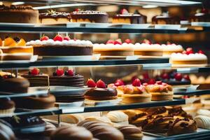 viele anders Typen von Kuchen sind auf Anzeige im ein Bäckerei. KI-generiert foto