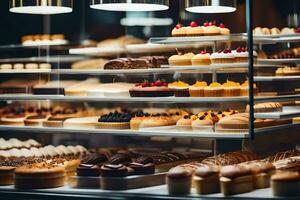 viele anders Typen von Kuchen sind auf Anzeige im ein Bäckerei. KI-generiert foto