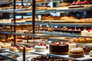 ein Bäckerei Anzeige mit viele anders Typen von Kuchen. KI-generiert foto