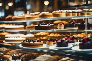 viele anders Typen von Kuchen sind auf Anzeige im ein Bäckerei. KI-generiert foto