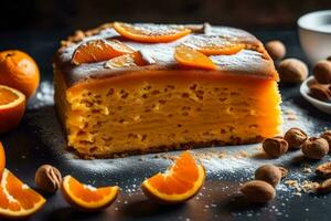 ein Stück von Kuchen mit Orangen und Nüsse. KI-generiert foto