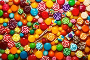 ein bunt Sortiment von Süßigkeiten ist gezeigt im diese Bild. KI-generiert foto