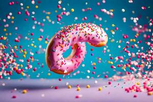 ein Krapfen mit Sträusel und Rosa Glasur ist gezeigt. KI-generiert foto