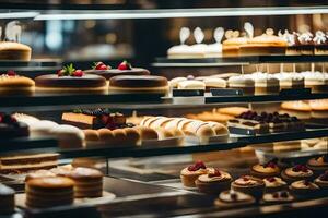 viele anders Typen von Gebäck sind auf Anzeige im ein Bäckerei. KI-generiert foto