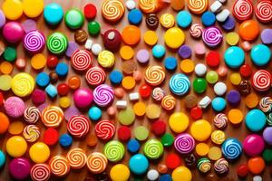bunt Süßigkeiten Süßigkeiten auf ein hölzern Oberfläche. KI-generiert foto