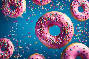 Donuts fliegend im das Luft mit Sträusel. KI-generiert foto