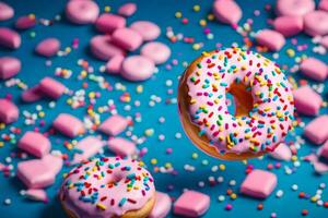 Donuts mit Sträusel und Rosa Glasur auf ein Blau Hintergrund. KI-generiert foto