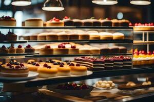 ein Bäckerei Anzeige mit viele anders Typen von Kuchen. KI-generiert foto