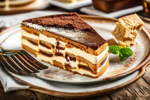 ein Scheibe von Kuchen auf ein Teller mit ein Gabel. KI-generiert foto