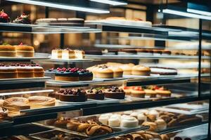 viele anders Typen von Kuchen sind auf Anzeige im ein Bäckerei. KI-generiert foto