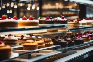 viele anders Typen von Kuchen sind auf Anzeige im ein Bäckerei. KI-generiert foto