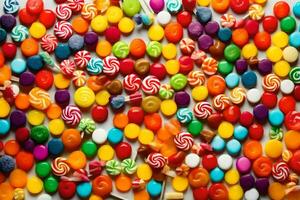 ein groß Stapel von bunt Süßigkeiten Süßigkeiten. KI-generiert foto