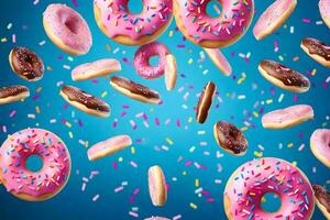 Donuts fallen von das Himmel auf ein Blau Hintergrund. KI-generiert foto