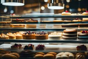 viele anders Typen von Kuchen sind auf Anzeige im ein Bäckerei. KI-generiert foto