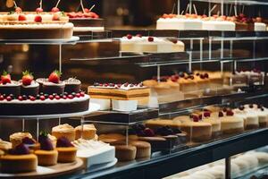 viele anders Typen von Kuchen sind auf Anzeige im ein Bäckerei. KI-generiert foto