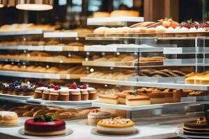 ein Bäckerei Anzeige mit viele anders Typen von Gebäck. KI-generiert foto