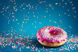 ein Rosa Krapfen mit Sträusel auf ein Blau Hintergrund. KI-generiert foto