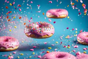 Rosa Donuts mit Sträusel auf ein Blau Hintergrund. KI-generiert foto