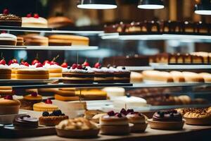 viele anders Typen von Kuchen sind auf Anzeige im ein Bäckerei. KI-generiert foto