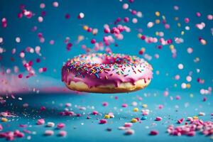 ein Krapfen mit Sträusel und Rosa Glasur ist fliegend im das Luft. KI-generiert foto