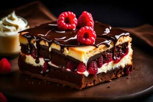 ein Stück von Schokolade Kuchen mit Himbeeren auf oben. KI-generiert foto