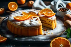 Orange Kuchen mit Scheiben auf ein Platte. KI-generiert foto