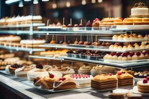 viele anders Typen von Kuchen sind auf Anzeige im ein Bäckerei. KI-generiert foto