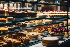 viele anders Typen von Kuchen sind auf Anzeige im ein Bäckerei. KI-generiert foto