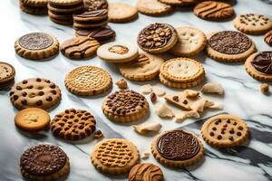 ein Vielfalt von Kekse und Kekse auf ein Marmor Schalter. KI-generiert foto
