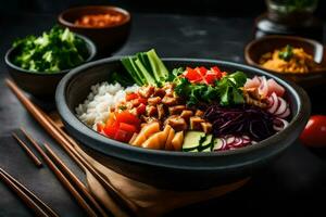ein Schüssel von asiatisch Essen mit Essstäbchen und Gemüse. KI-generiert foto