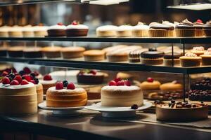 viele anders Typen von Kuchen sind auf Anzeige im ein Bäckerei. KI-generiert foto