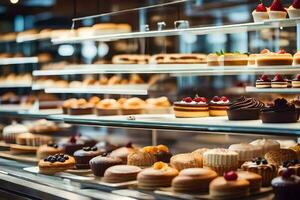 viele anders Typen von Gebäck sind auf Anzeige im ein Bäckerei. KI-generiert foto