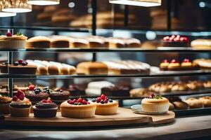 ein Bäckerei Anzeige mit viele anders Typen von Gebäck. KI-generiert foto