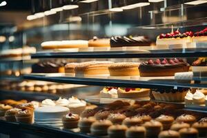 viele anders Typen von Kuchen sind auf Anzeige im ein Bäckerei. KI-generiert foto