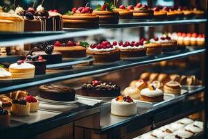 viele anders Typen von Kuchen sind auf Anzeige im ein Bäckerei. KI-generiert foto