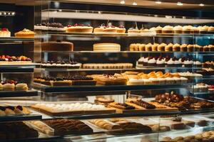 ein Bäckerei Anzeige Fall mit viele anders Typen von Gebäck. KI-generiert foto