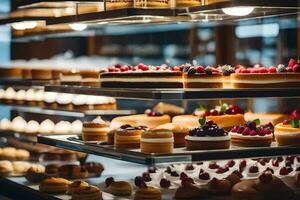 viele anders Typen von Kuchen sind auf Anzeige im ein Bäckerei. KI-generiert foto