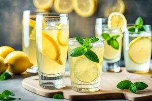 Limonade im Brille mit Zitronen und Minze Blätter. KI-generiert foto