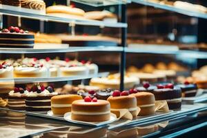 viele anders Typen von Kuchen sind auf Anzeige im ein Bäckerei. KI-generiert foto