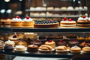 ein Anzeige Fall gefüllt mit verschiedene Typen von Kuchen. KI-generiert foto