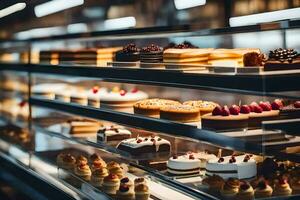 viele anders Typen von Kuchen sind auf Anzeige im ein Bäckerei. KI-generiert foto