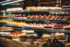 viele anders Typen von Kuchen sind auf Anzeige im ein Bäckerei. KI-generiert foto