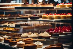 viele anders Typen von Gebäck sind auf Anzeige im ein Bäckerei. KI-generiert foto